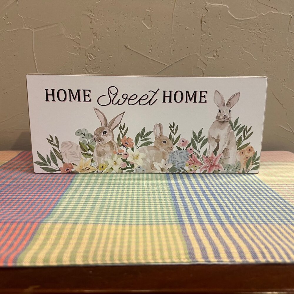 Easter Bunny "Home Sweet Home" Wood Block Sign Spring Floral Rabbit Decor